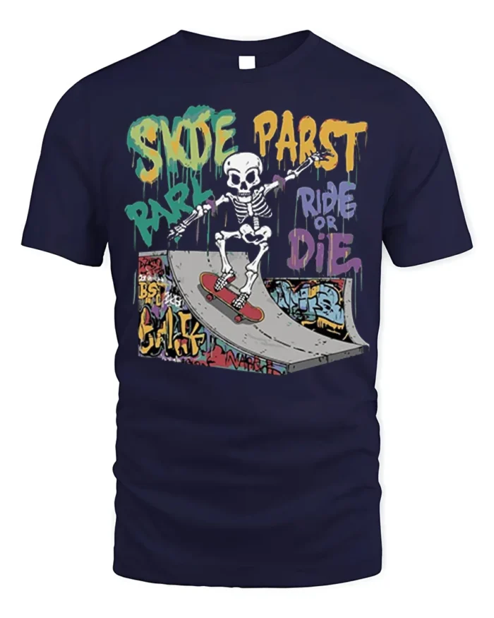Skate Park Skeleton Rider Ride or Die Graphic T-Shirt - navy t-shirt on white background