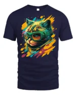 Cool Cat With Goggles Neon Splash Graphic T-Shirt - navy t-shirt on white background