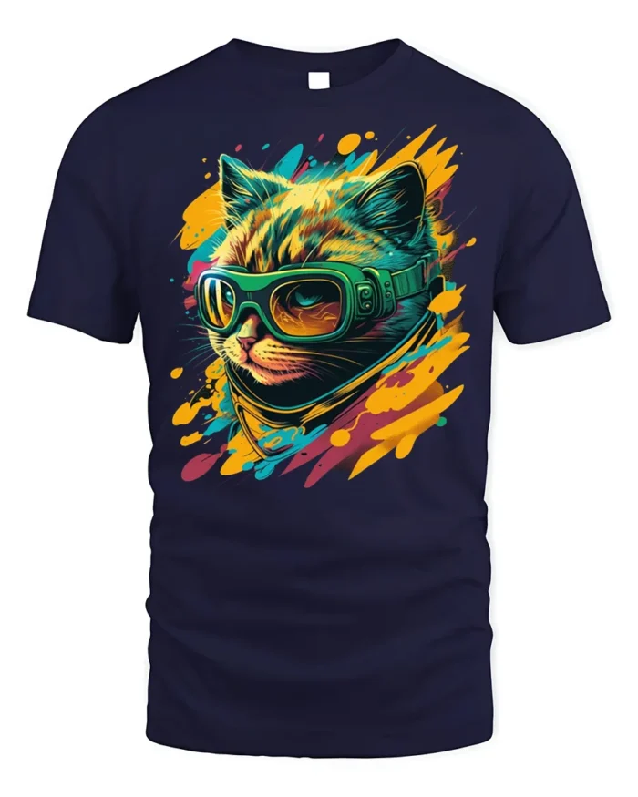 Cool Cat With Goggles Neon Splash Graphic T-Shirt - navy t-shirt on white background