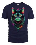 Neon Colorful Cat Face Artistic Graphic T-Shirt - navy t-shirt on white background