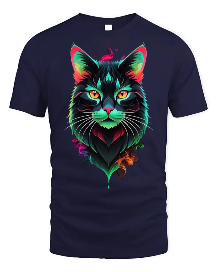 Neon Colorful Cat Face Artistic Graphic T-Shirt - navy t-shirt on white background