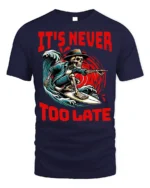 It’s Never Too Late Skeleton Surfer Graphic T-Shirt - navy t-shirt on white background