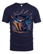 Mystic Witch Cat Reading Spellbook Graphic T-Shirt - navy t-shirt on white background