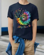 Colorful Dog Mom Paw Print Sunflower Graphic T-Shirt - model wearing navy shirt, hands in pockets