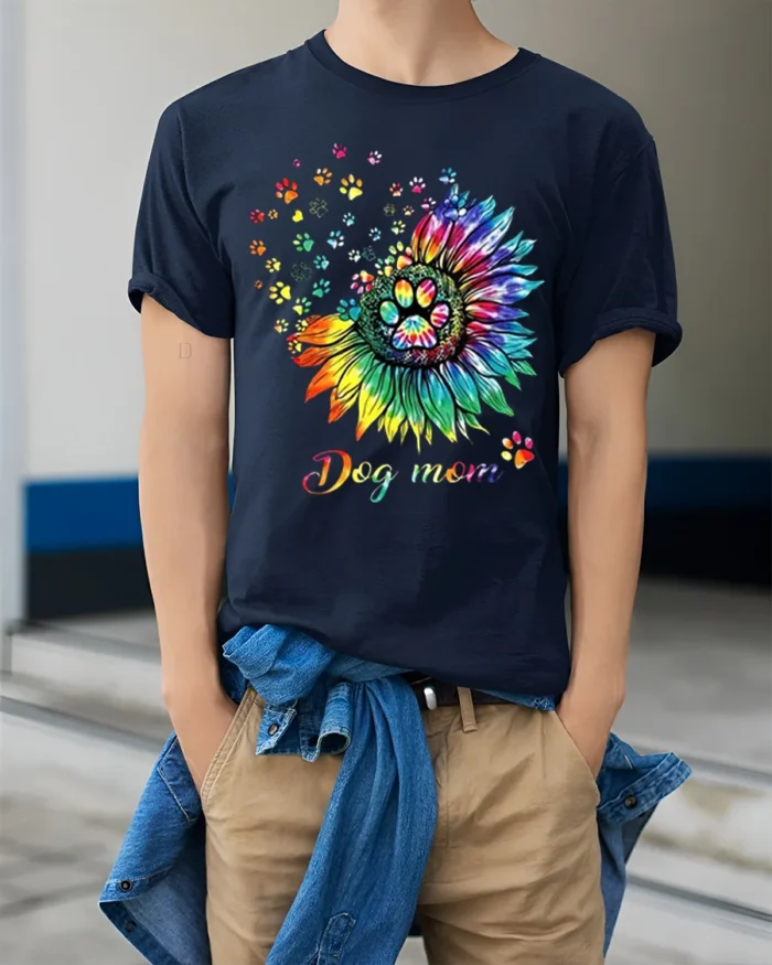 Colorful Dog Mom Paw Print Sunflower Graphic T-Shirt - model wearing navy shirt, hands in pockets
