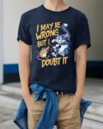 Funny Cat and Mouse I May Be Wrong Graphic T-Shirt - model wearing navy shirt, hands in pockets
