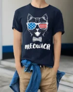 Patriotic Cat Meowica USA Flag Sunglasses T-Shirt - model wearing navy shirt, hands in pockets