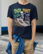 Skate Park Skeleton Rider Ride or Die Graphic T-Shirt - model wearing navy shirt, hands in pockets