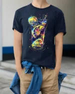 Neon Citrus Drink Splash Summer Vibes Graphic T-Shirt - model wearing navy shirt, hands in pockets