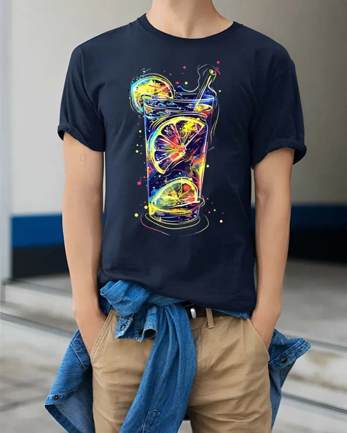 Neon Citrus Drink Splash Summer Vibes Graphic T-Shirt - model wearing navy shirt, hands in pockets