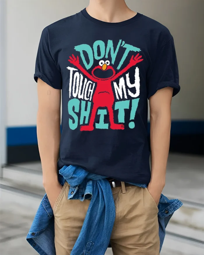 Funny Red Monster Don’t Touch My Stuff T-Shirt - model wearing navy shirt, hands in pockets