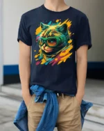 Cool Cat With Goggles Neon Splash Graphic T-Shirt - model wearing navy shirt, hands in pockets