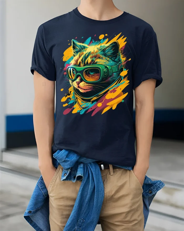 Cool Cat With Goggles Neon Splash Graphic T-Shirt - model wearing navy shirt, hands in pockets