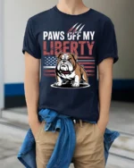 Patriotic Bulldog Paws Off My Liberty T-Shirt - model wearing navy shirt, hands in pockets