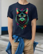 Neon Colorful Cat Face Artistic Graphic T-Shirt - model wearing navy shirt, hands in pockets