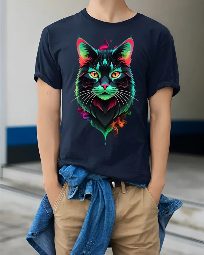 Neon Colorful Cat Face Artistic Graphic T-Shirt - model wearing navy shirt, hands in pockets