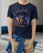 Mystic Witch Cat Reading Spellbook Graphic T-Shirt - model wearing navy shirt, hands in pockets