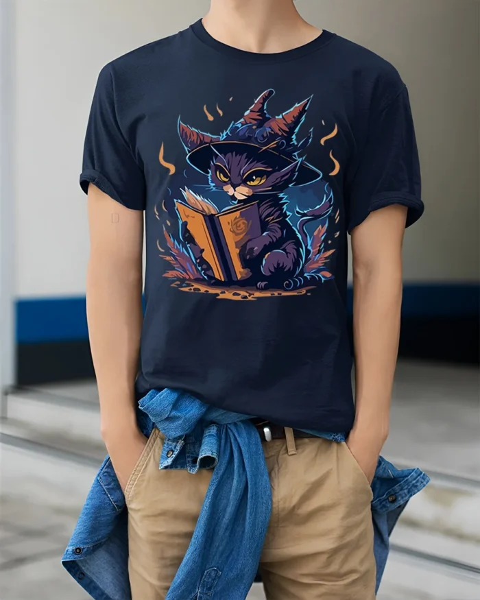 Mystic Witch Cat Reading Spellbook Graphic T-Shirt - model wearing navy shirt, hands in pockets