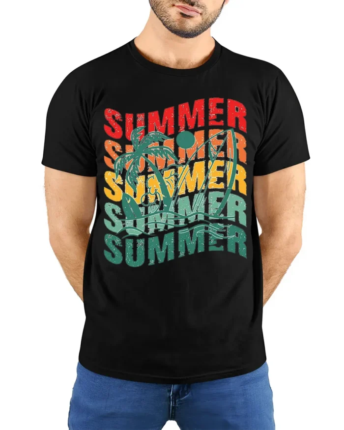 Retro Summer Vibes Palm Tree Surf Graphic T-Shirt - model wearing black shirt, hands behind back