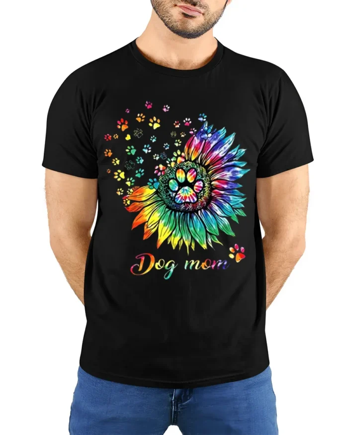 Colorful Dog Mom Paw Print Sunflower Graphic T-Shirt - model wearing black shirt, hands behind back