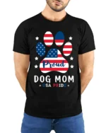 Proud Dog Mom USA Flag Paw Print Graphic T-Shirt - model wearing black shirt, hands behind back