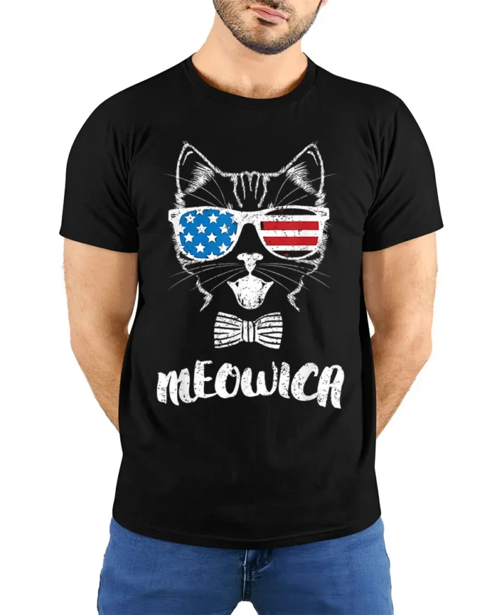 Patriotic Cat Meowica USA Flag Sunglasses T-Shirt - model wearing black shirt, hands behind back