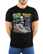 Skate Park Skeleton Rider Ride or Die Graphic T-Shirt - model wearing black shirt, hands behind back