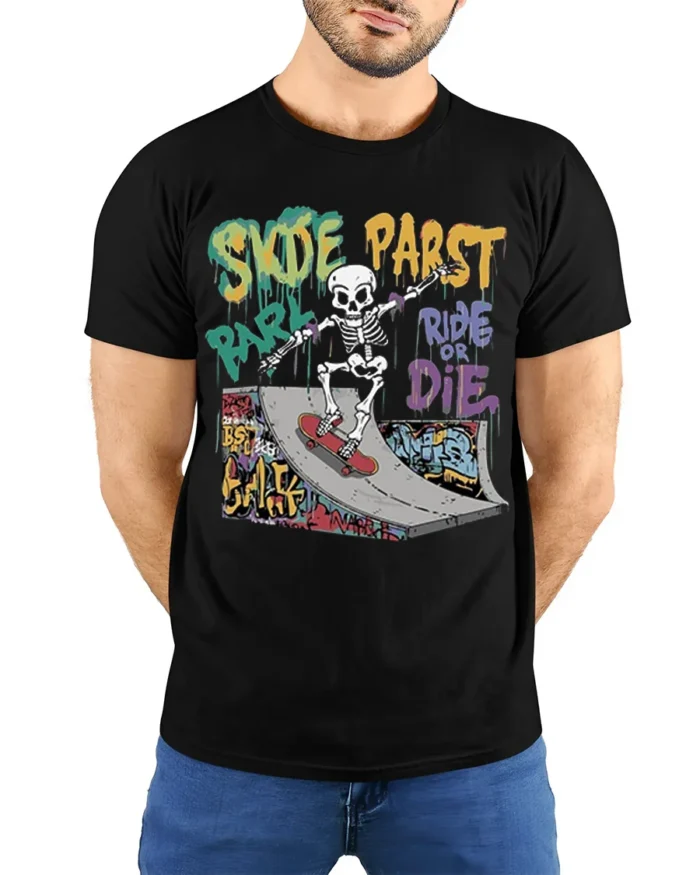 Skate Park Skeleton Rider Ride or Die Graphic T-Shirt - model wearing black shirt, hands behind back