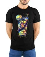Neon Citrus Drink Splash Summer Vibes Graphic T-Shirt - model wearing black shirt, hands behind back