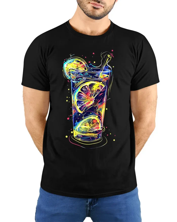Neon Citrus Drink Splash Summer Vibes Graphic T-Shirt - model wearing black shirt, hands behind back