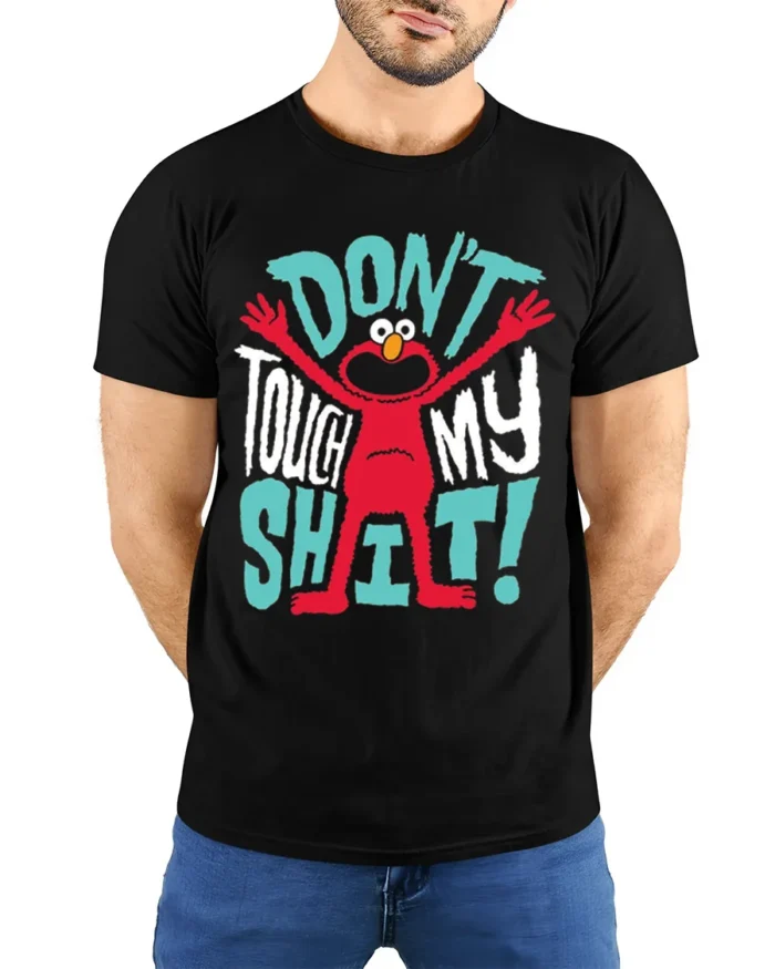 Funny Red Monster Don’t Touch My Stuff T-Shirt - model wearing black shirt, hands behind back