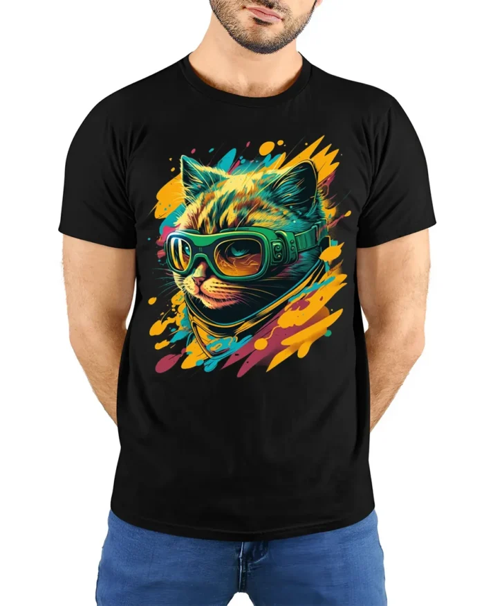 Cool Cat With Goggles Neon Splash Graphic T-Shirt - model wearing black shirt, hands behind back