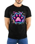 Neon Dog Mom Paw Print Colorful Graphic T-Shirt - model wearing black shirt, hands behind back