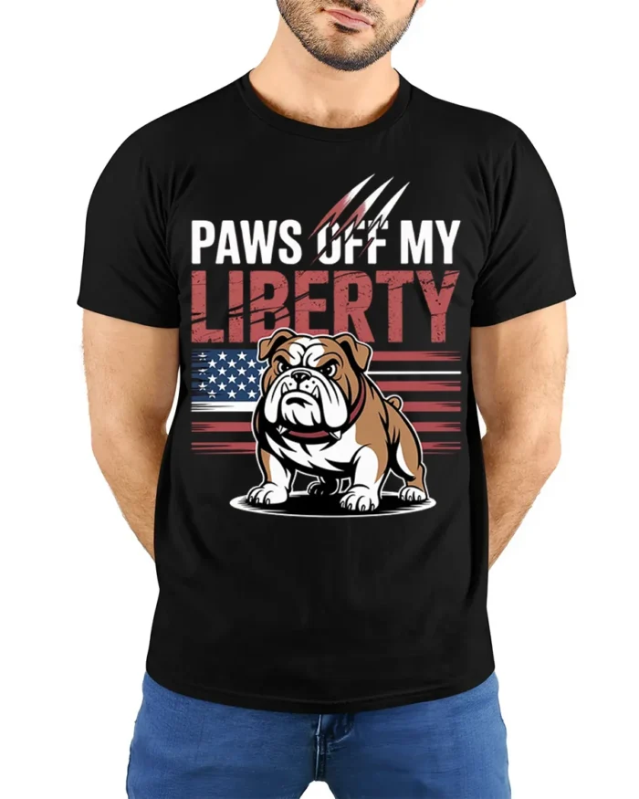 Patriotic Bulldog Paws Off My Liberty T-Shirt - model wearing black shirt, hands behind back