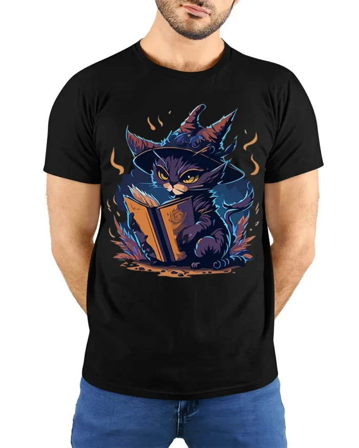 Mystic Witch Cat Reading Spellbook Graphic T-Shirt - model wearing black shirt, hands behind back