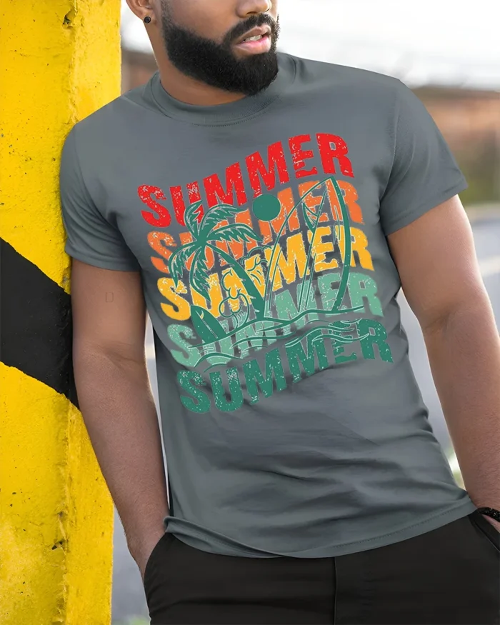 Retro Summer Vibes Palm Tree Surf Graphic T-Shirt - model in grey shirt leaning against column