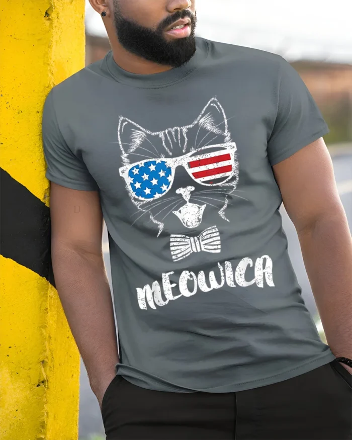 Patriotic Cat Meowica USA Flag Sunglasses T-Shirt - model in grey shirt leaning against column