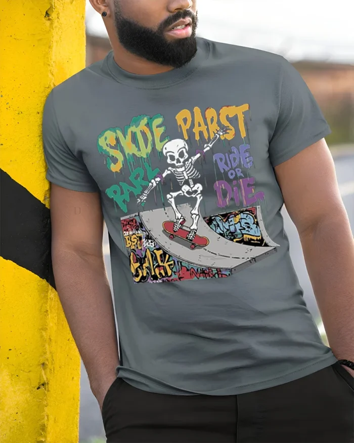 Skate Park Skeleton Rider Ride or Die Graphic T-Shirt - model in grey shirt leaning against column