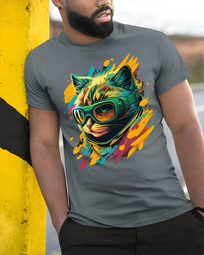 Cool Cat With Goggles Neon Splash Graphic T-Shirt - model in grey shirt leaning against column