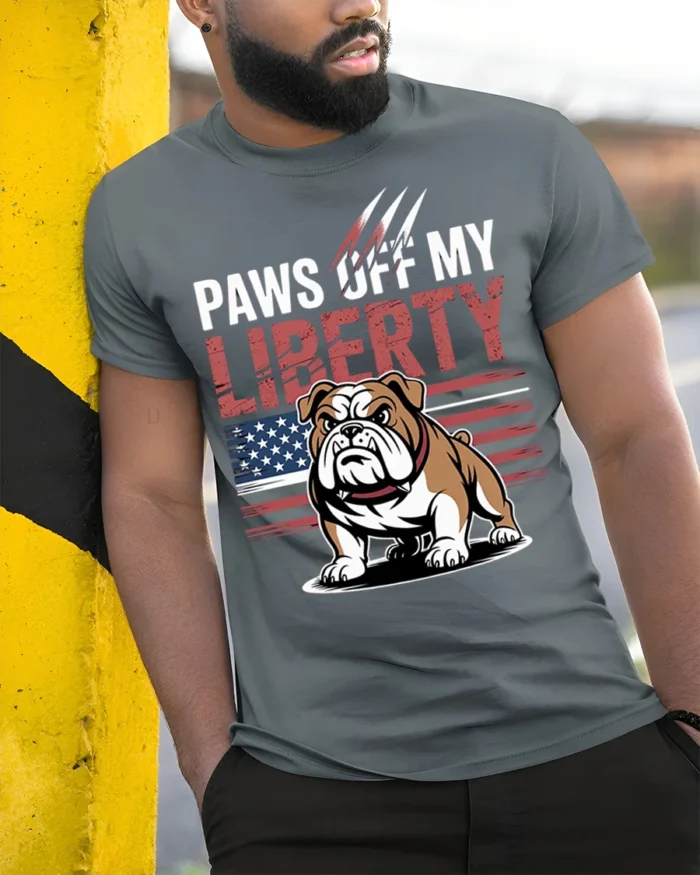 Patriotic Bulldog Paws Off My Liberty T-Shirt - model in grey shirt leaning against column