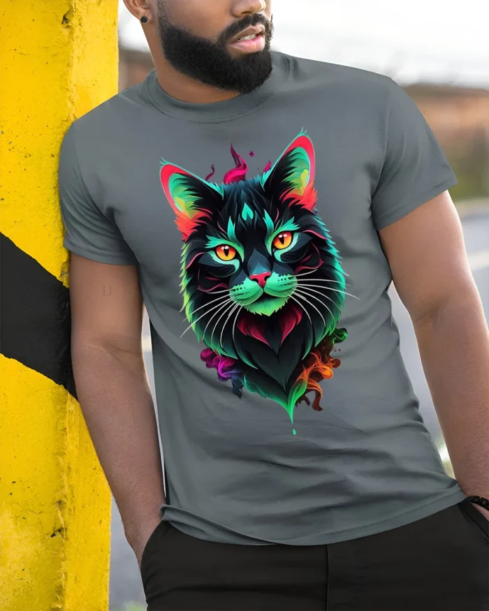Neon Colorful Cat Face Artistic Graphic T-Shirt - model in grey shirt leaning against column
