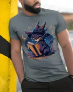 Mystic Witch Cat Reading Spellbook Graphic T-Shirt - model in grey shirt leaning against column