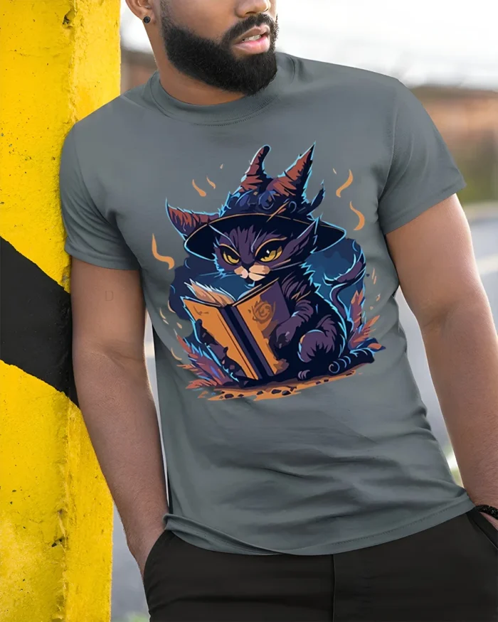 Mystic Witch Cat Reading Spellbook Graphic T-Shirt - model in grey shirt leaning against column