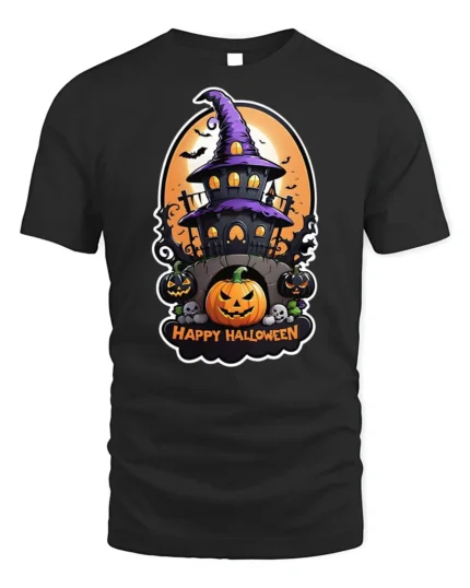 Happy Halloween Haunted House Pumpkin T-Shirt - black t-shirt on white background