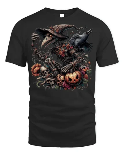 Halloween Evil Scarecrow Raven Pumpkin T-Shirt - black t-shirt on white background