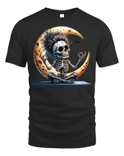 Halloween Yoga Skeleton Moon Graphic T-Shirt - black t-shirt on white background