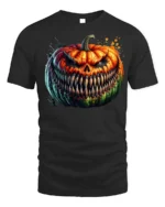 Halloween Evil Grinning Pumpkin Face T-Shirt - black t-shirt on white background