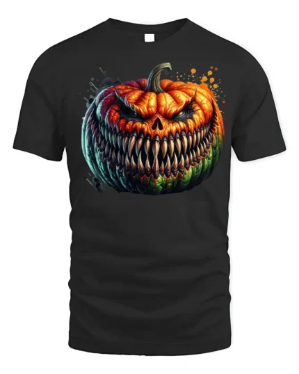Halloween Evil Grinning Pumpkin Face T-Shirt - black t-shirt on white background