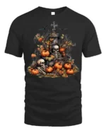 Halloween Skeleton Graveyard Pumpkin T-Shirt - black t-shirt on white background