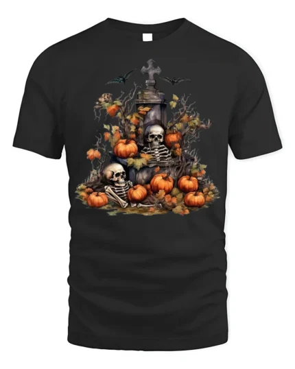 Halloween Skeleton Graveyard Pumpkin T-Shirt - black t-shirt on white background